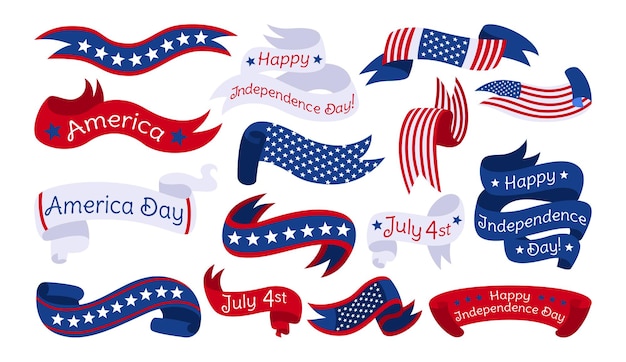 Vector ribbon american independence day set, flag usa tape collection patriotic insignia