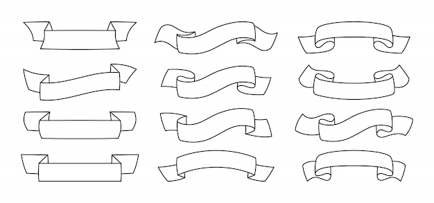 リボンブランクビンテージコレクション。輪郭テープフラットセットの装飾的なアイコン。概要デザインリボンサイン。テキストバナーテープ、グリーティングカード、招待状のwebアイコンキット。孤立した図