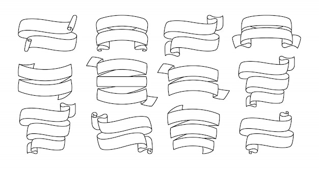 리본 윤곽 배너 세트. 장식 아이콘, 빈 테이프 블랙 라인 컬렉션입니다. 현대적인 디자인, 리본 기호 개요 스타일. 텍스트 배너의 웹 아이콘 키트입니다. 격리 된 그림