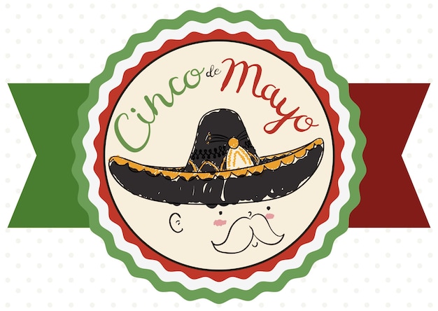 Vector ribbon and cute charro doodle in middle of it wearing a mariachi hat for cinco de mayo celebration