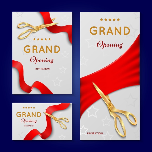 Vector ribbon cutting with scissors grand opening ceremony invitation cards.