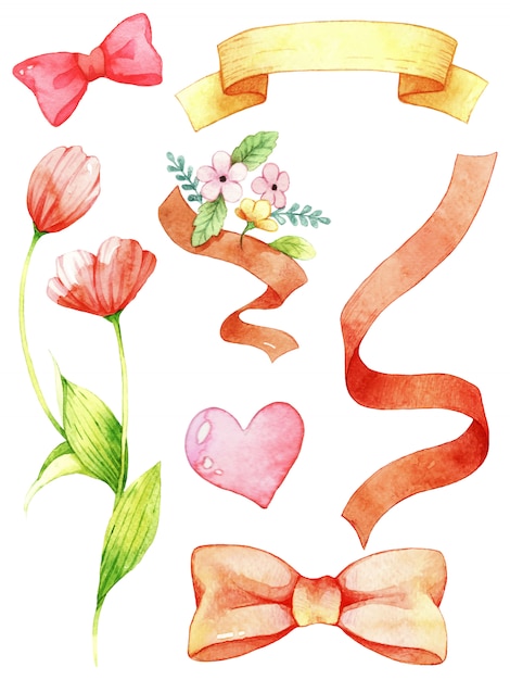 Ribbon, flower and heart watercolor