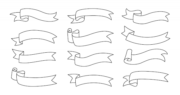 벡터 리본 개요 세트. 한쪽 아이콘 모음에 구부러진 장식 테이프. 현대적인 디자인, 선형 리본 스케치 만화 스타일. 텍스트 배너의 웹 아이콘 키트입니다. 격리 된 그림
