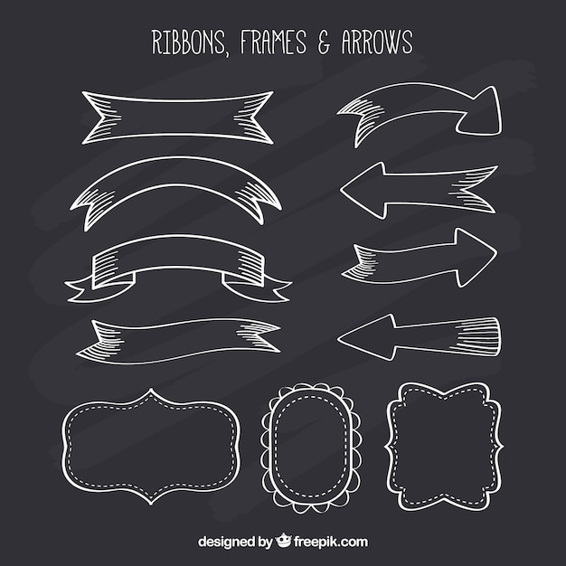 Vector ribbond, frames and arrows collection in chalkboard style