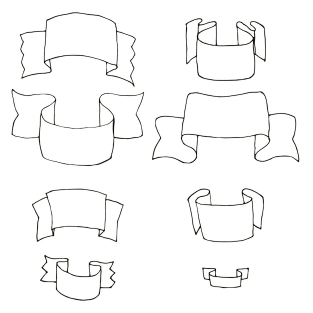 リボン、デザイン要素、バナー、白い背景で隔離のラベルの大きな手描きのセット。