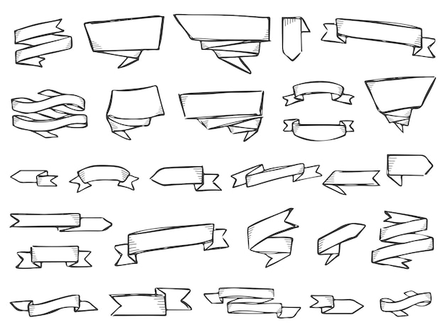 Vector ribbons doodle vector set of 28 doodle ribbons and labels pencil effect collection labels and signs