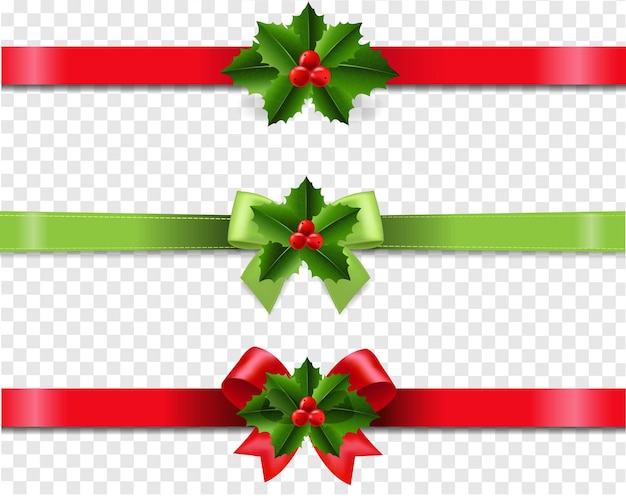 Vector ribbons set with holly berry transparent background