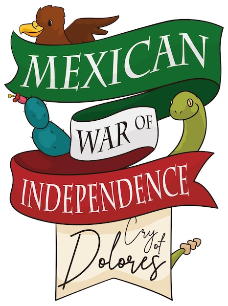 Ribbons with Mexican colors for the Mexican War of Independence with royal eagle snake and cactus