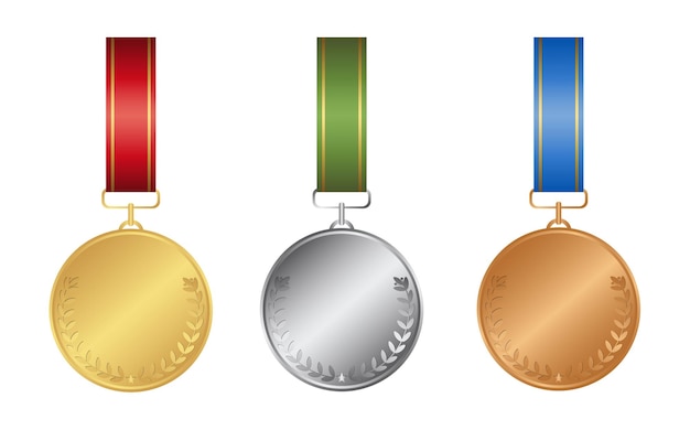 Вектор Ленточные медали на белом фоне золотое серебро и бронза