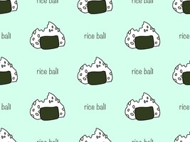 Vector rice ball cartoon character seamless pattern on green background