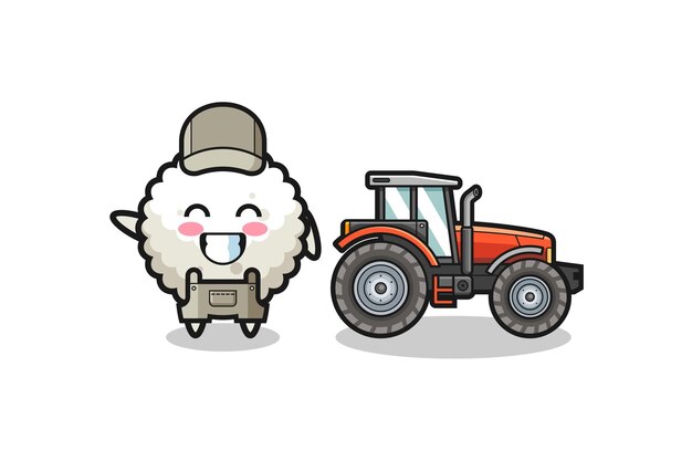 The rice ball farmer mascot standing beside a tractor