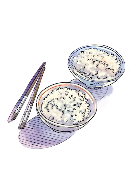 Rice in bowl water colour with outline