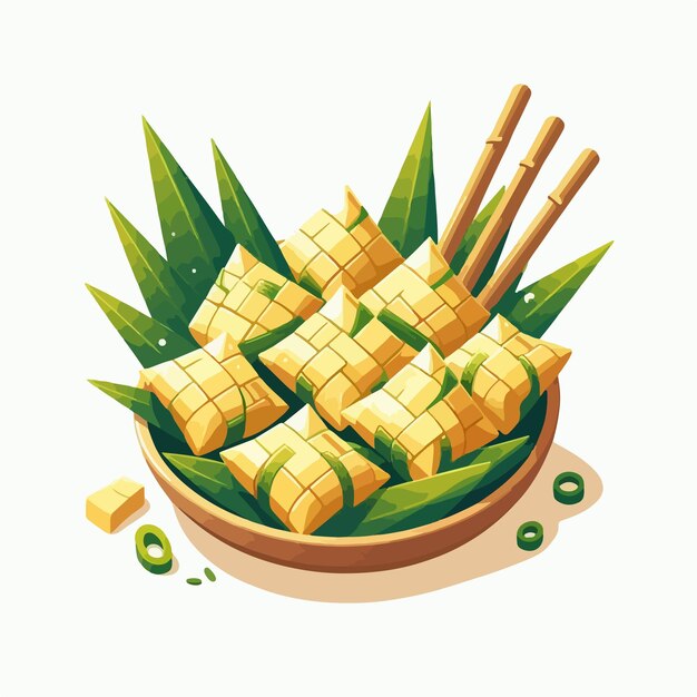 Вектор Рисовое блюдо кетупат в органической зеленой упаковке вектор азиатская еда