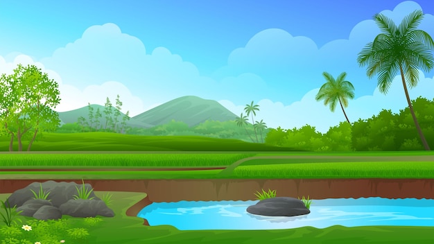 Рисовые поля Террасы с рыбным прудом, горами и векторной иллюстрацией голубого неба
