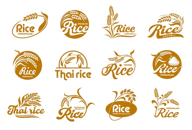 Rice icons organic grain food and farm plant seeds package label vector brown symbols natural rice product packaging icons with thai rice ear on field for premium quality food products and cereals