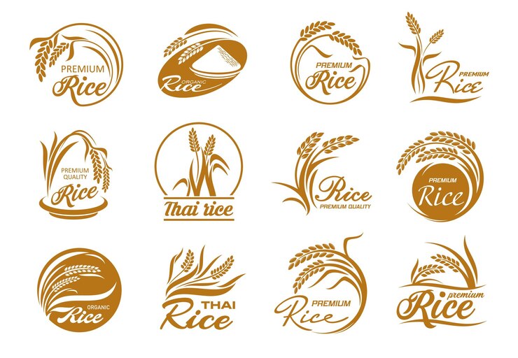 Vector 穀物植物と paddy 粒子の米のアイコン ベクターゴールドの葉と種子の農場の畑の作物植物の鉢と粒子の丸いフレームのピールシルエット タイとジャスミン米のパッケージラベルセット