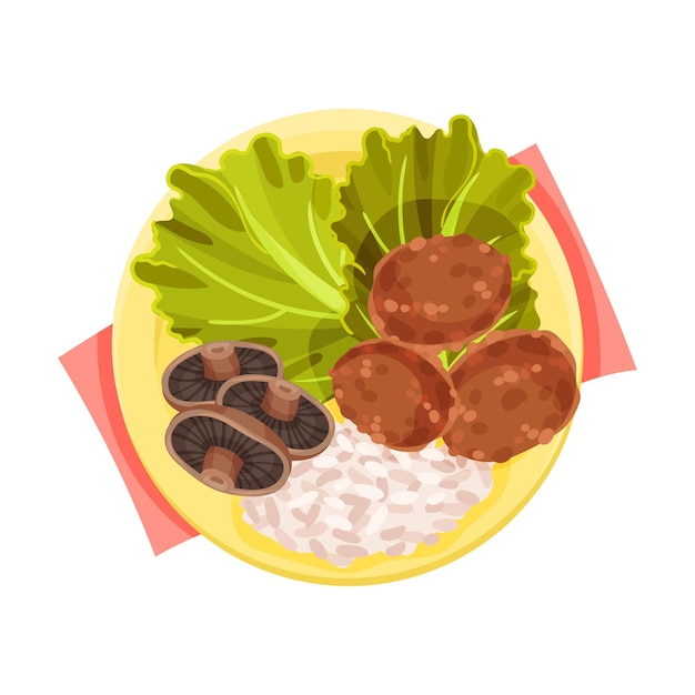 Rice and Patty Cakes Served on Flat Plate with Lettuce Leaves and Mushrooms Vector Illustration Top View of Appetizing Meal Concept