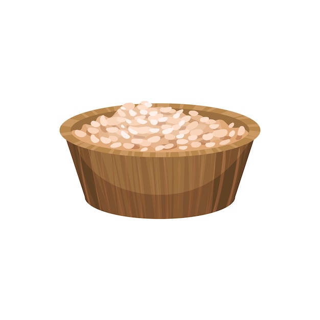 Porridge di riso in una ciotola di legno icona del cibo tema del corpo e dell'assistenza sanitaria ingrediente utilizzato in cucina e ricetta per la maschera facciale fatta in casa disegno vettoriale piatto del fumetto