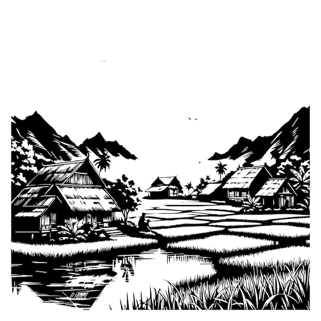 Rice Terraces Haven of Tranquility Black And White Vector Illustrations