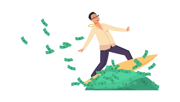 Rich banker Cartoon happy wealthy man riding surfboard on heaps of banknotes Financial success concept Businessman makes profitable banking investments and deposits Vector millionaire