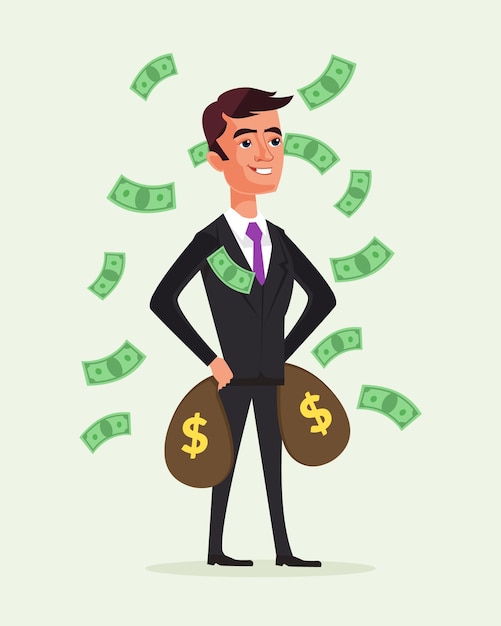 Vector rich businessman character hold money bags. financial success .