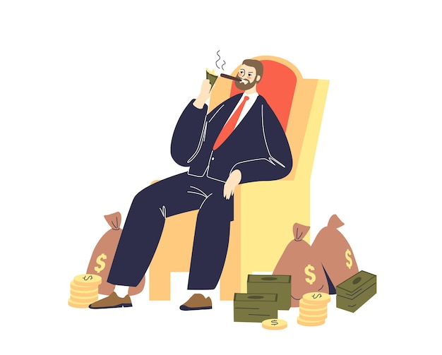 Rich businessman lighting cigar with dollar bills