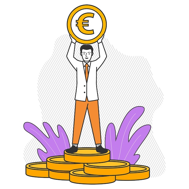 Rich businessman stands on a stack of gold coins A man with a euro coin