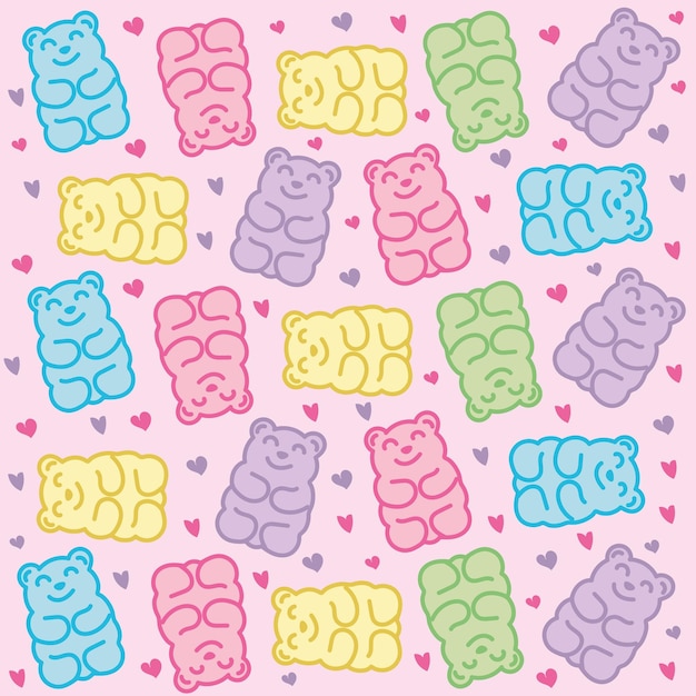 Rich collection of delicious bears with gelatin gummy bears Pattern of colorful gummy bears with he