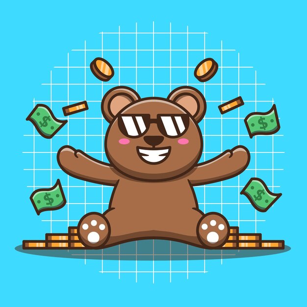 Vector rich cute bear with money around it vector illustration