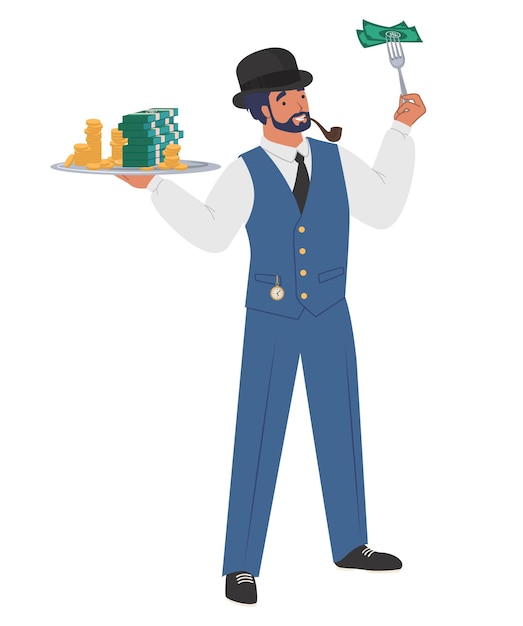 Rich gentleman banker with tray full of cash money flat vector illustration wealthy businessman mill