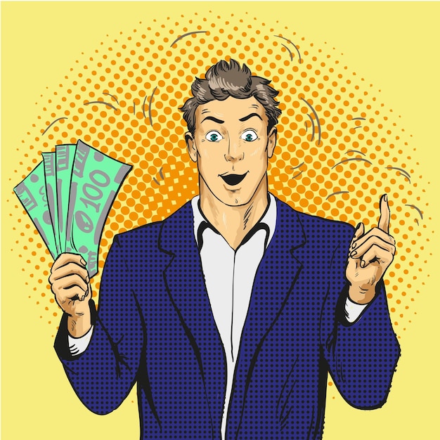 Vector rich handsome guy hold money and point his finger up business and finance concept vector illustration in retro comic pop art style