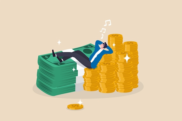 Rich man with his wealth success businessman earn investment profit FIRE financial independence retire early concept rich happy businessman lay down singing on pile of money coins and banknotes