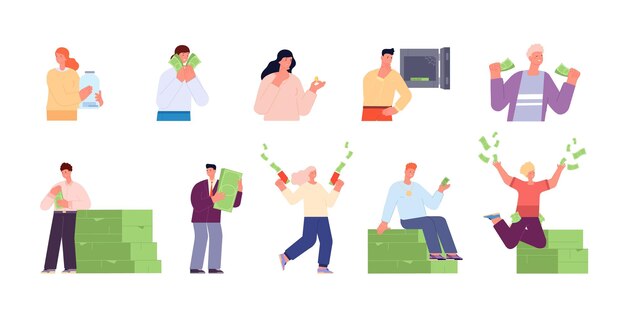 Vector rich people characters happy person saving money banking finance businessman cash millionaire lottery winner or broker wealth power utter vector set