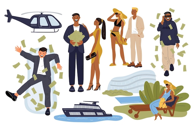 Rich people life Expensive lifestyle Persons with money and luxury elements Wealthy man with dollar banknotes heap Helicopter and yacht Lady on chaise longue Cash bath or rain Garish vector set