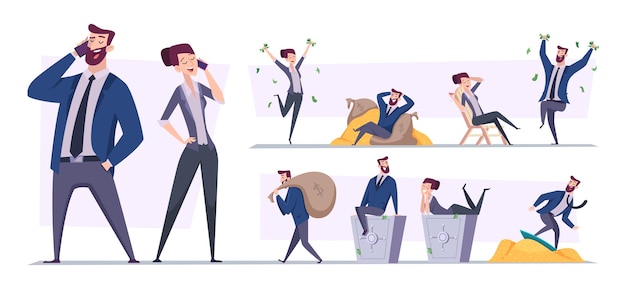 rich people millionaire characters happy person with money golden coins luxury lifestyle exact vector flat illustrations