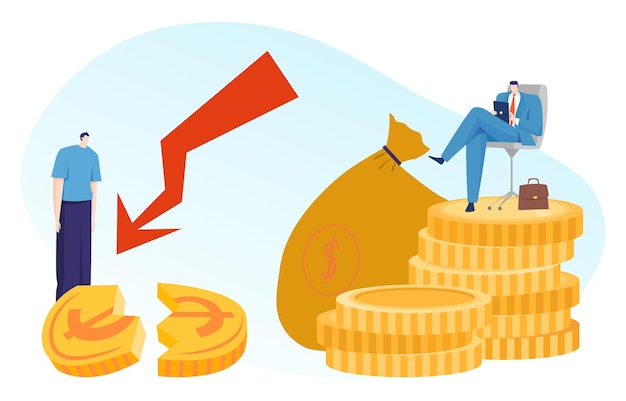 Rich and poor business man concept vector illustration success flat tiny man character sit at money bag poor guy near broken golden coin