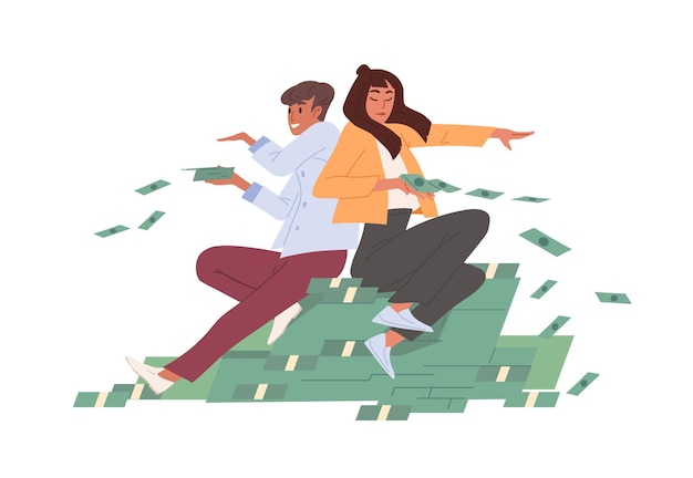 Vector rich wealthy careless people on bucks heap throwing cash and wasting money. abundance and prosperity concept. colored flat vector illustration of carefree millionaires isolated on white background.