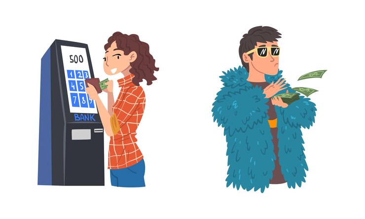 Vector rich and wealthy man and woman character throwing dollar banknotes and withdrawing cash at atm vector set