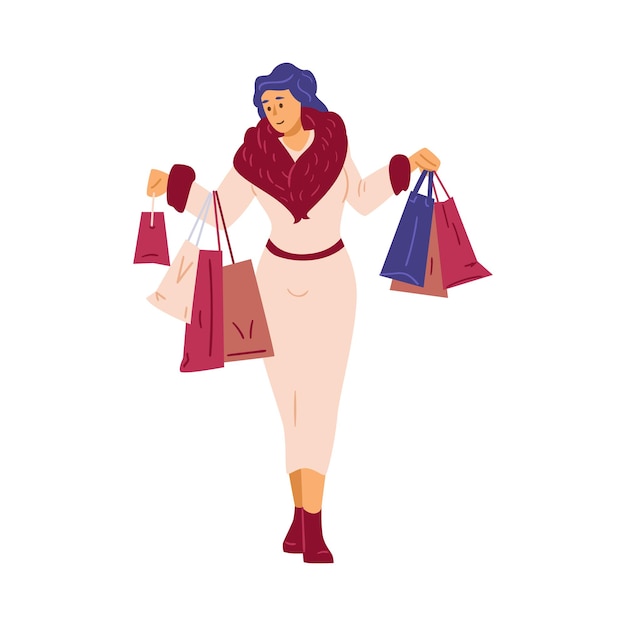 Vector rich and wealthy woman in luxury clothes flat vector illustration isolated