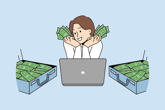 Rich woman freelancer with laptop and money in suitcases has earned lot thanks to work on internet