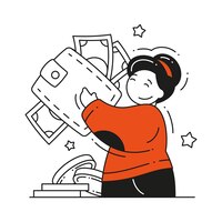 rich woman holding wallet full of currency cash money banknotes and coins enjoy wealth wage vector flat illustration happy female carrying income abundance celebrate fortune lottery victory isolated