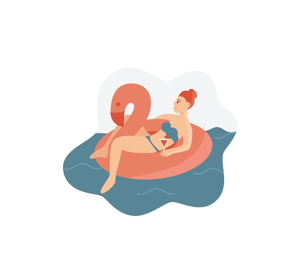 Rich woman relax with cocktail swimming inflatable ring