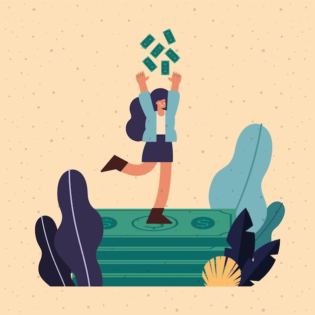 Vector rich woman with dollars money scene