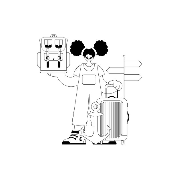 Vector rich woman with a traveler rucksack in his hands tourism point dim and white lineart trendy style vector illustration