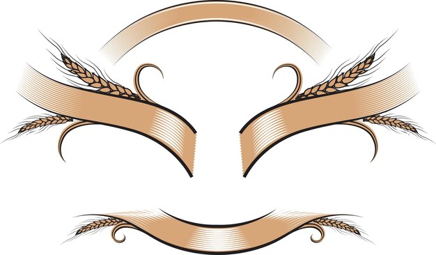 Vector richly decorated ribbons with floral ornament of a few ripe wheat ears