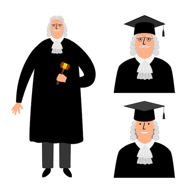 Рихтер. мультфильм иллюстрация судьи, характер судебного суда в мантии, изолированных на белом