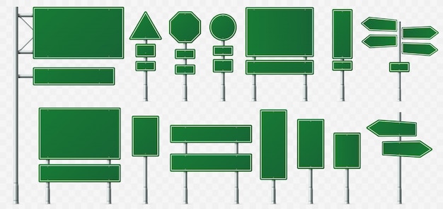 Richting bord, weg bestemming borden, straat bewegwijzering borden en groene regisserende uithangbord aanwijzer geïsoleerd