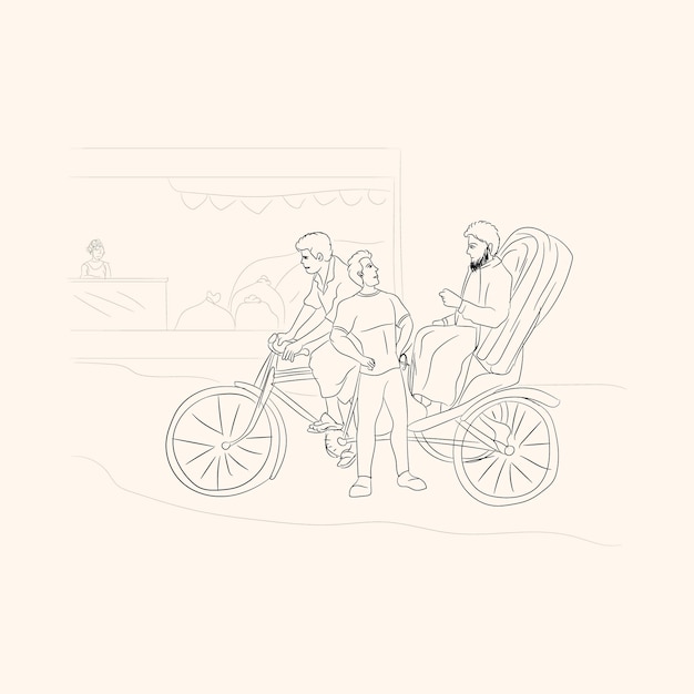 Rickshaw trishaw vector drawing transportation learning education cartoon drawing line art