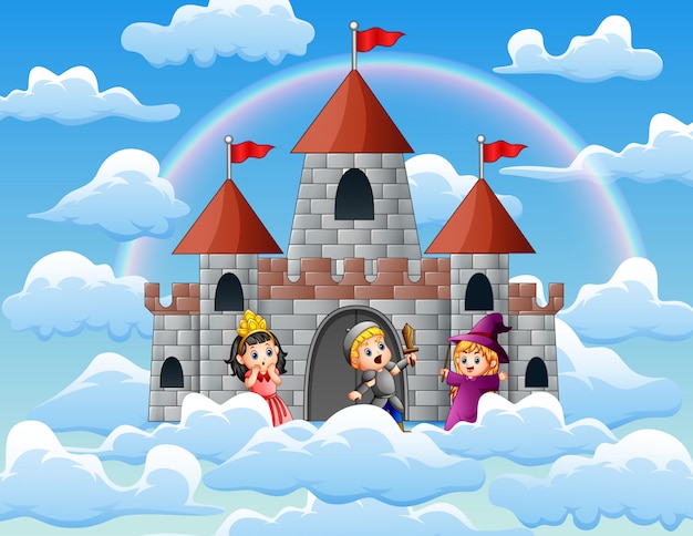 Ridder en heks voor het kasteel op de wolken