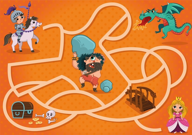 Ridder en prinses doolhofspel voor kinderen vectorillustratie